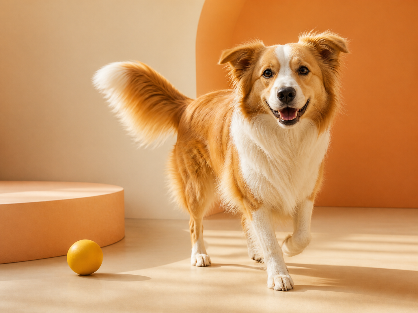 A joyful golden and white dog in the warm Happy Woof studio